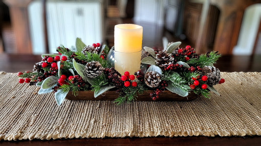 Dough Bowl Christmas Dining Table Centerpiece Candle Centerpiece Hand Carved Dough Bowl Winter Arrangement Pine Floral Arrangement Gift