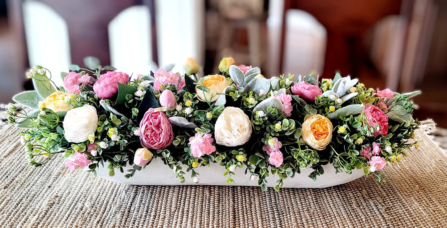 Dough Bowl Centerpiece – Hand Carved Wooden Spring Flower Arrangement