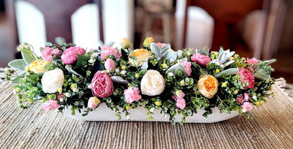 Dough Bowl Centerpiece – Hand Carved Wooden Spring Flower Arrangement