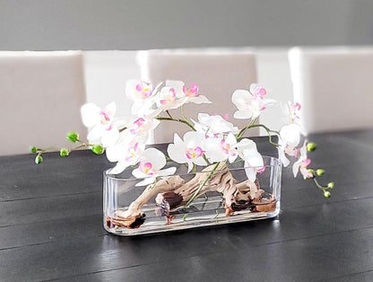 Artificial Orchid Arrangement – Pink Silk Flowers in Glass Vase for Modern Spaces