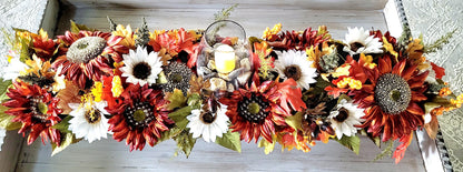 Fall farmhouse dining table arrangement Sunflower table centerpiece Rustic long box floral arrangement mantle fall decor candle centerpiece