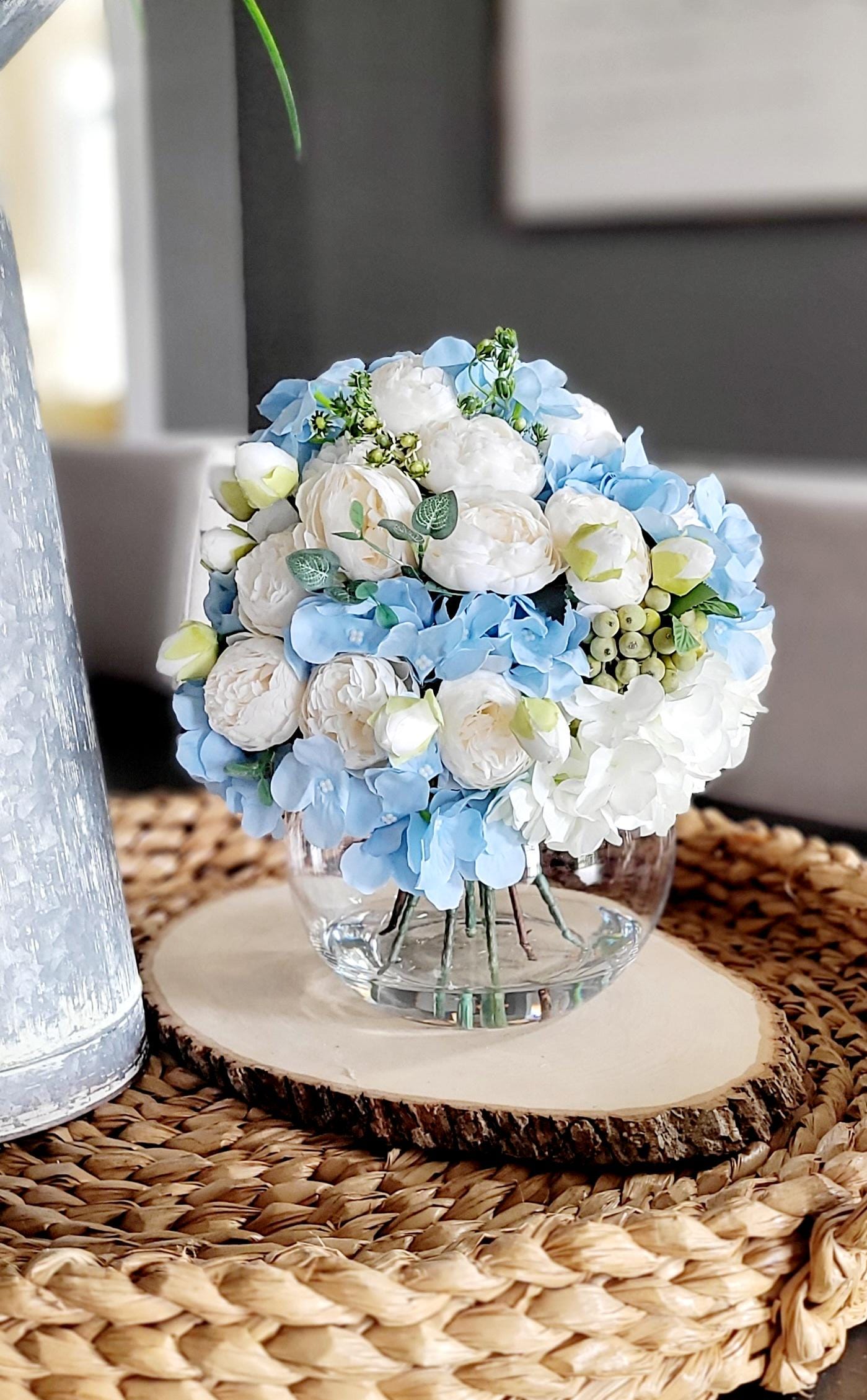 Silk Flower Centerpiece Blue White Hydrangea Peony Arrangement Glass Vase Display Perfect Wedding Table Setting Elegant Faux Floral Design Ivory Accent Flowers Realistic Water Effect Modern Home Staging Essential Maintenance Free Year Round