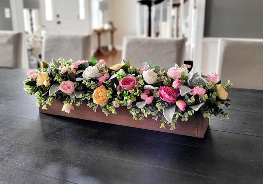 Farmhouse Wood Box Centerpiece Dining Table Arrangement Silk Peony Flowers Rustic Home Accent Spring Kitchen Decoration Artificial Floral Display Stained Wooden Container Country Style Decor Beautiful Table Setting Seasonal Home Styling