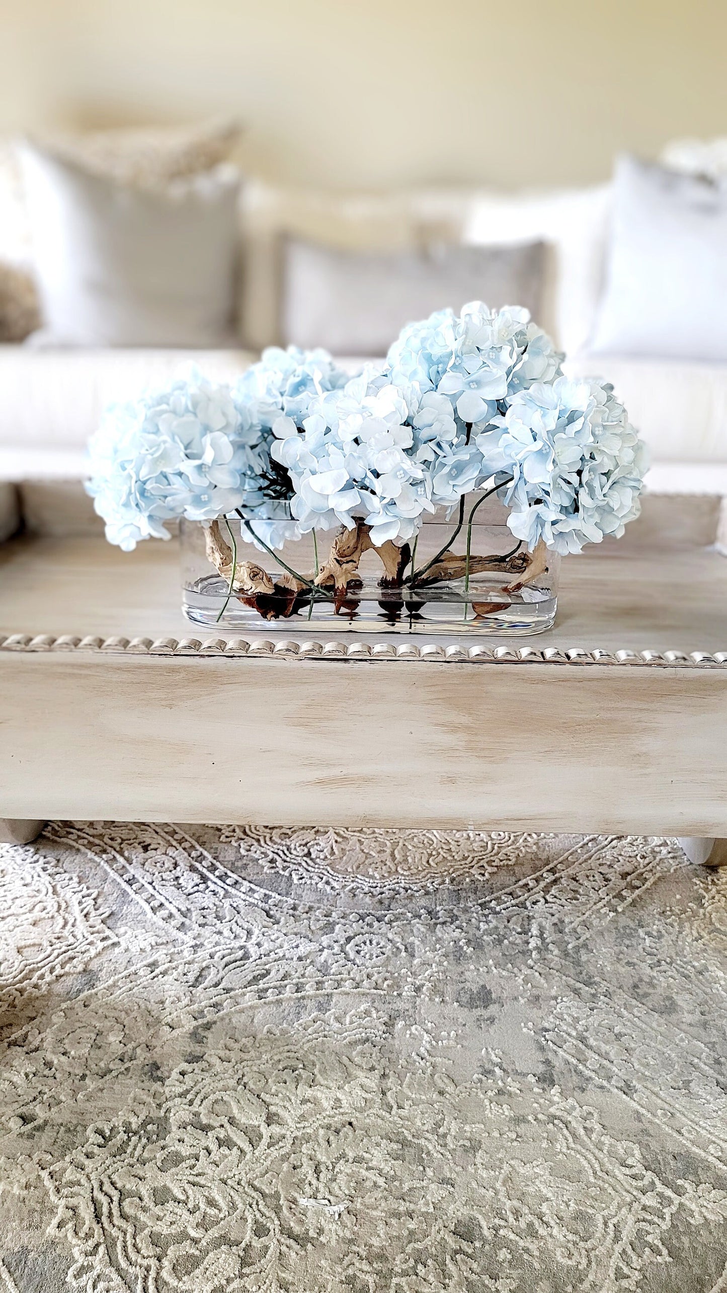 Dining Table Centerpiece – Artificial Hydrangea Arrangement in French Country Glass Vase