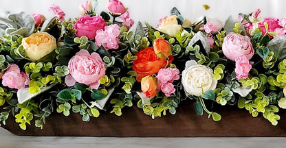 Handcrafted Wooden Bowl Faux Peony Arrangement Silk Flower Centerpiece Spring Floral Display Artificial Greenery Collection Colorful Bloom Design Rustic Dough Bowl Container Farmhouse Style Accent Traditional Home Decor Perfect Table