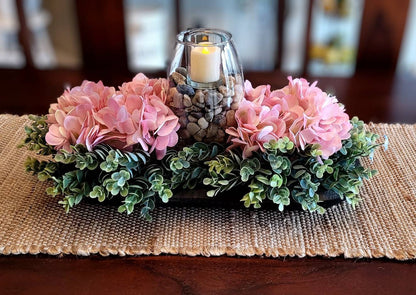 Rustic Wood Floral Centerpiece Hydrangea Farmhouse Dough Bowl Pink Hydrangea Farmhouse Arrangement Candle Centerpiece Dough Bowl Decor