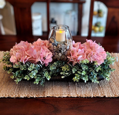 Rustic Wood Floral Centerpiece Hydrangea Farmhouse Dough Bowl Pink Hydrangea Farmhouse Arrangement Candle Centerpiece Dough Bowl Decor