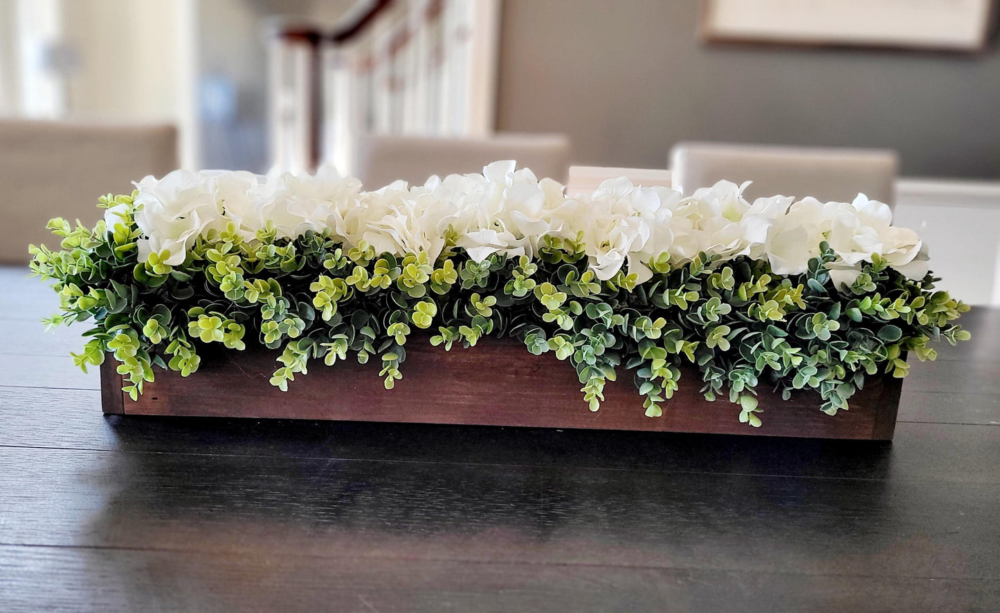 Handmade Wooden Box Hydrangea Arrangement Neutral Floral Centerpiece White Cream Mint Green Flowers Farmhouse Style Display Natural Greenery Accent Twenty Five Inch Long Table Decor Rustic Home Design Country Living Room Decoration Mantle