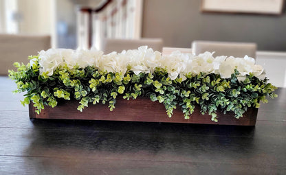 Handmade Wooden Box Hydrangea Arrangement Neutral Floral Centerpiece White Cream Mint Green Flowers Farmhouse Style Display Natural Greenery Accent Twenty Five Inch Long Table Decor Rustic Home Design Country Living Room Decoration Mantle
