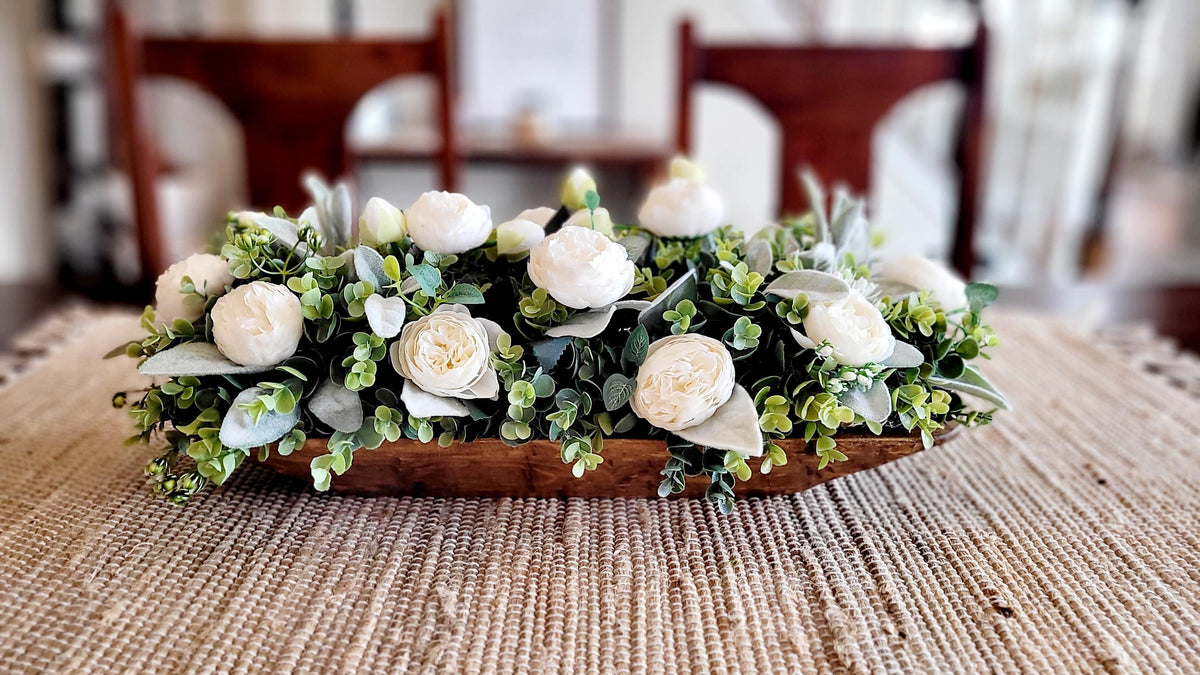 Wedding Centerpiece Dough Bowl Arrangement Cream Peony Floral Display Farmhouse Table Decor Handcarved Wooden Bowl Collection Elegant Reception Decoration Rustic Wedding Style Bridal Table Accent Natural Wood Design Handmade Floral