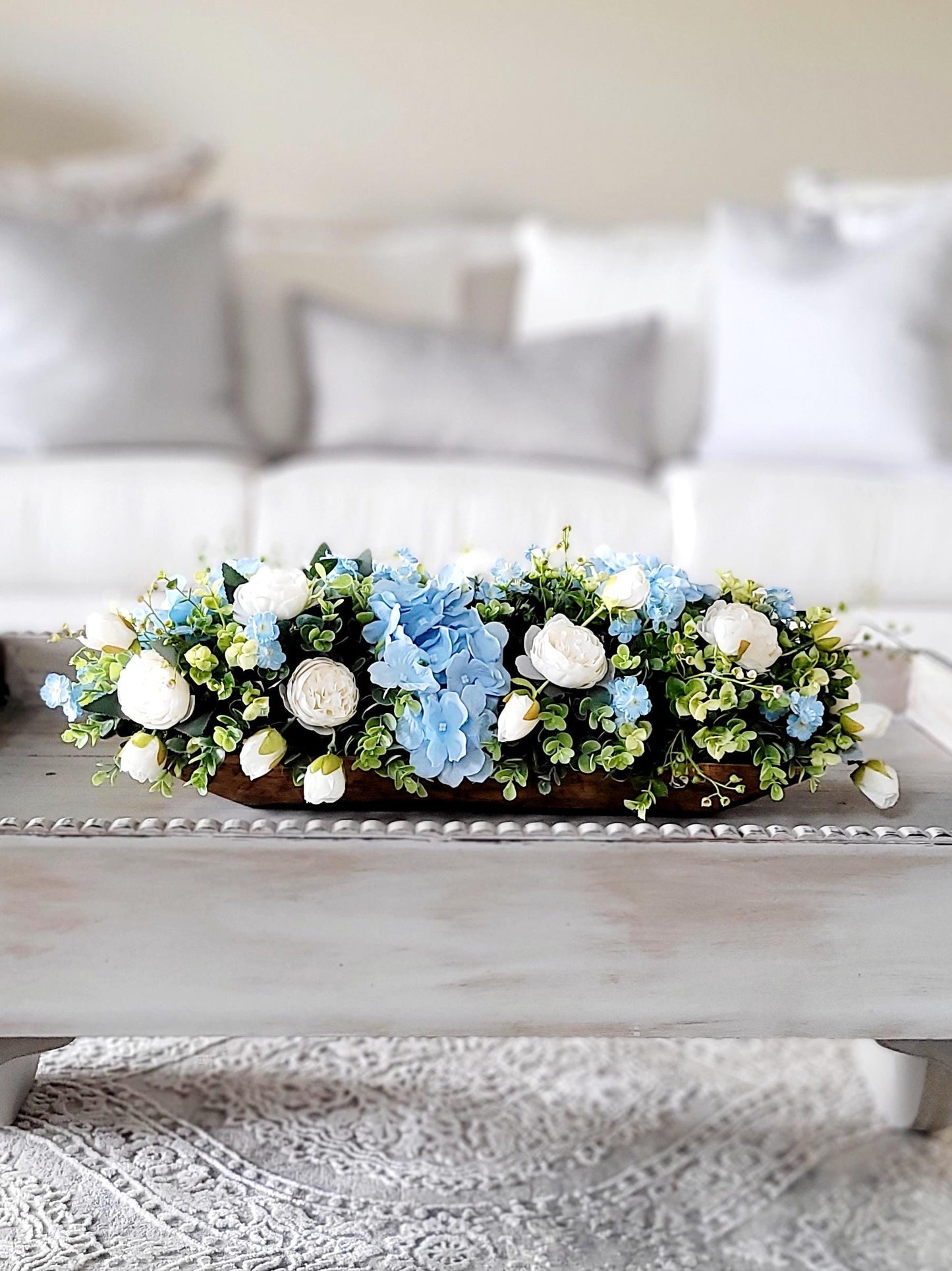 Blue Flower Centerpiece – Silk Hydrangea and Peony Arrangement in Rustic Dough Bowl