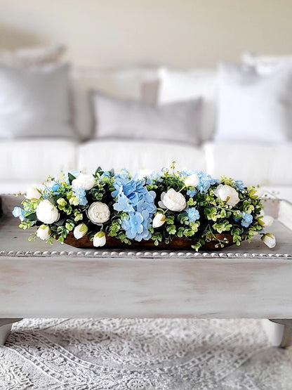 Blue Flower Centerpiece – Silk Hydrangea and Peony Arrangement in Rustic Dough Bowl