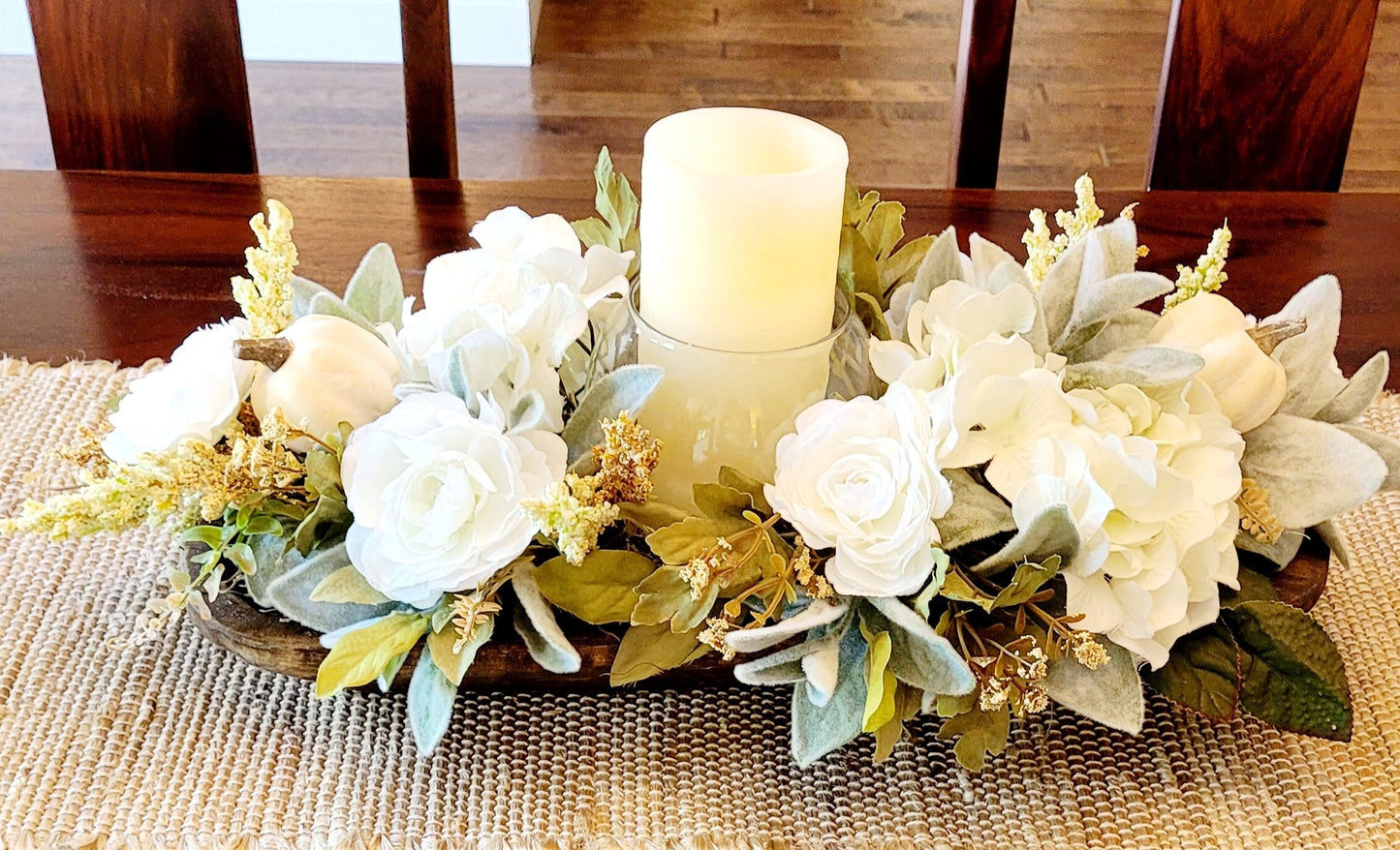 Fall Floral Arrangement Dining Table Fall Centerpiece Fall Flowers Dough Bowl Fall Centerpiece Fall Candle Centerpiece Pumpkin Dough Bowl