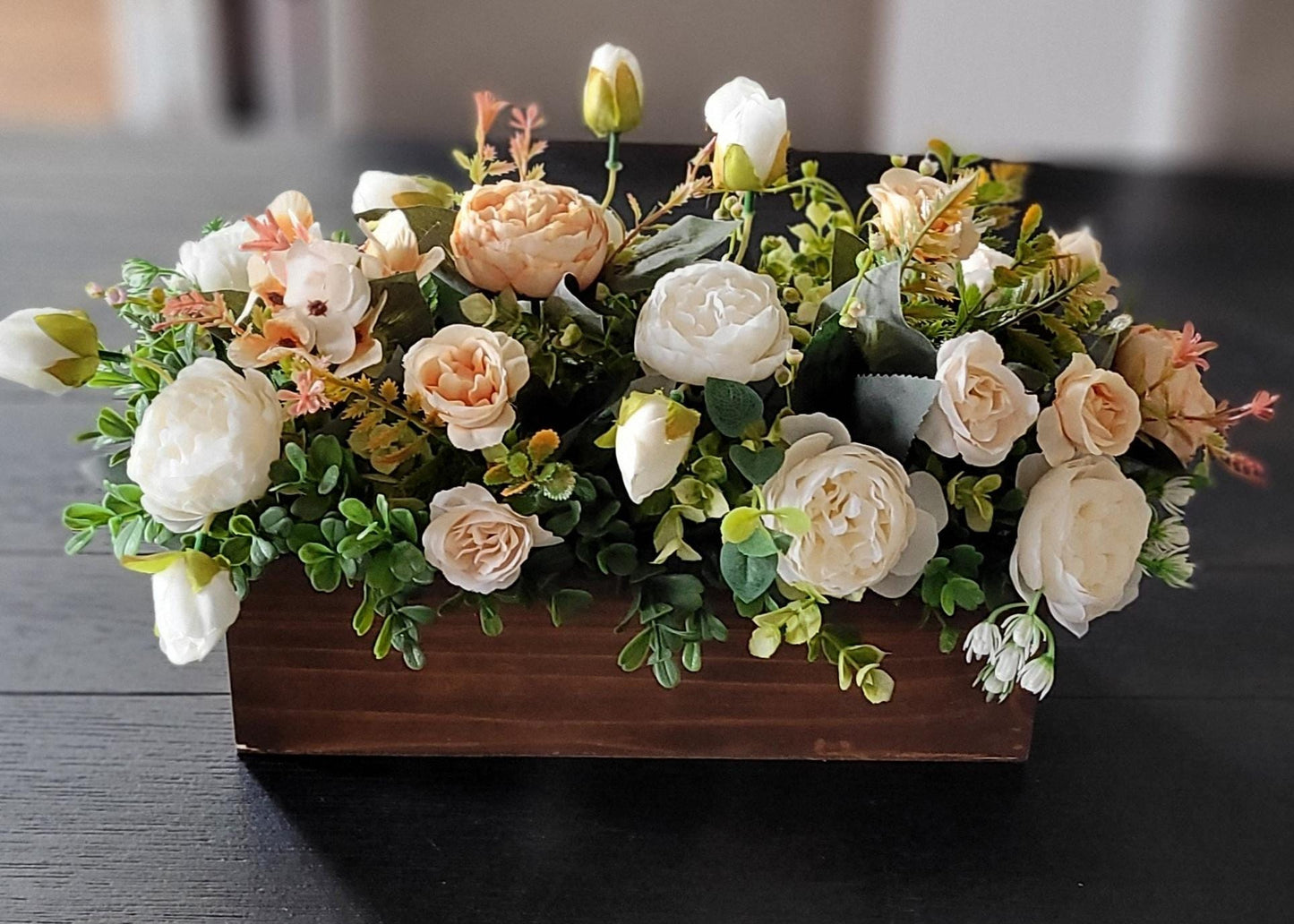 Rustic Table Centerpiece – Farmhouse Wood Box with Silk Flowers and Greenery