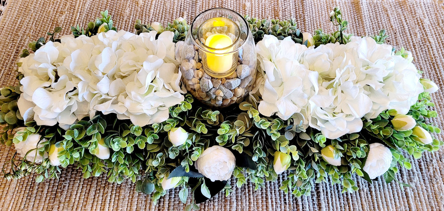 Dough Bowl Centerpiece – Handcrafted Farmhouse Floral Arrangement with Faux Hydrangeas
