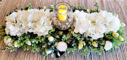 Dough Bowl Centerpiece – Handcrafted Farmhouse Floral Arrangement with Faux Hydrangeas