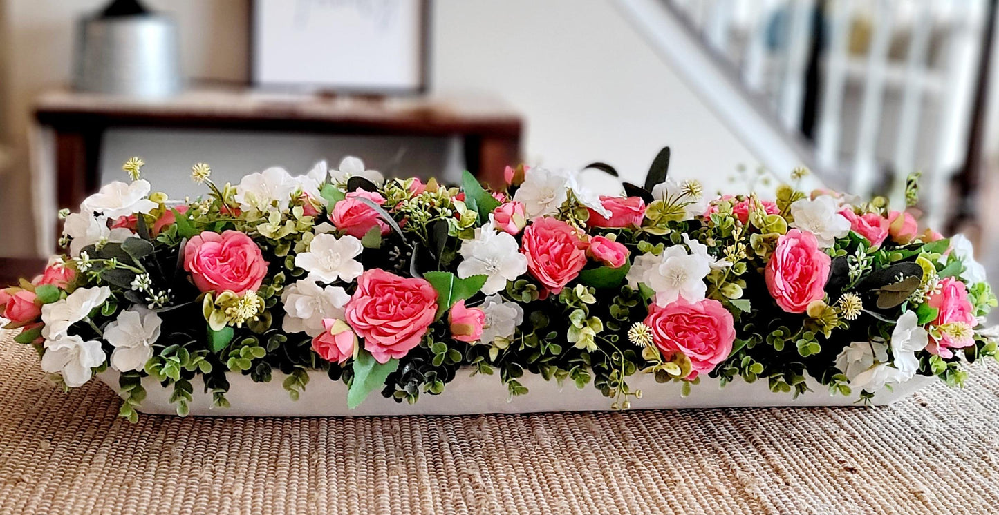 Artificial Rose Centerpiece – Pink White Floral Arrangement in Dough Bowl