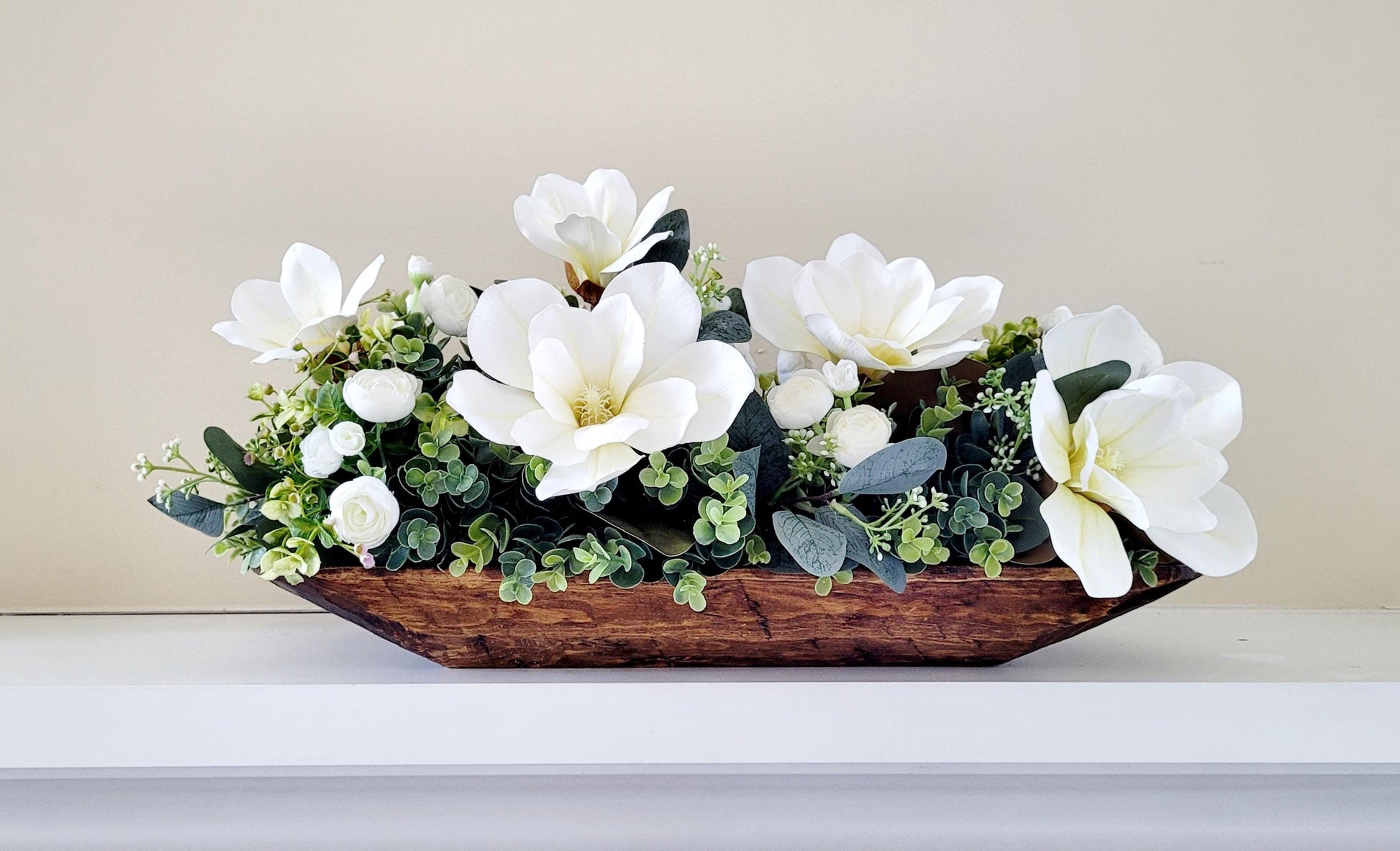 Elegant Dining Decor Dough Bowl Centerpiece Magnolia Flower Arrangement Silk Floral Display Custom Wooden Container Table Styling Accent Farmhouse Home Design Rustic Elegant Look Faux Flower Collection Realistic Artificial Blooms Kitchen
