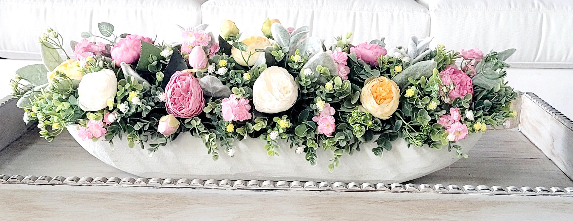 Spring Flower Arrangement Wooden Dough Bowl Centerpiece Hand Carved Table Decoration Colorful Peony Blooms Artificial Greenery Display Rustic Home Accent Farmhouse Style Decor Dining Room Table Focal Point Decorative Bowl Design Spring