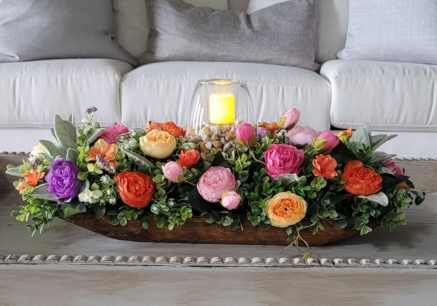 Silk Flower Centerpiece – Bright Peony Dough Bowl for Coffee Table