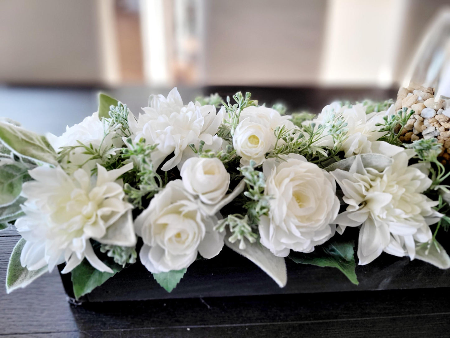 Farmhouse style long 25” Spring table arrangement in wood planter box candle centerpiece in wood box mantle centerpiece wood planter box