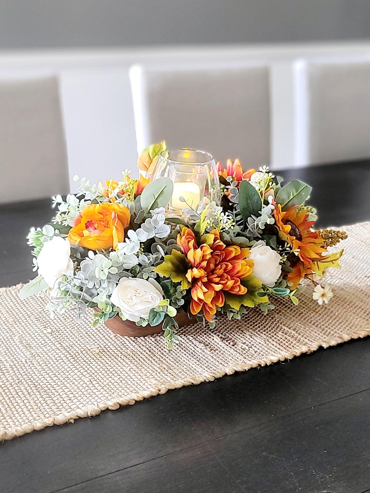 Fall table arrangement fall arrangement dough bowl fall kitchen decor farmhouse arrangement fall candle fall pumpkin sunflower arrangement