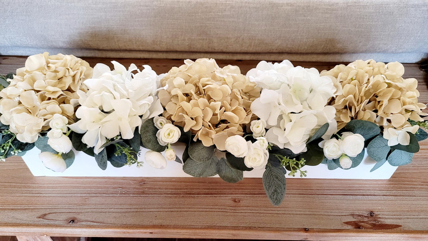 Artificial Flower Centerpiece – Silk Hydrangea Rose Arrangement in Wooden Box
