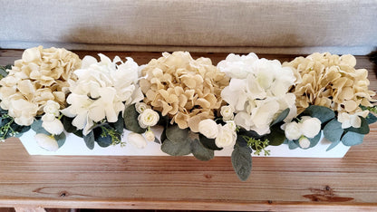 Artificial Flower Centerpiece – Silk Hydrangea Rose Arrangement in Wooden Box