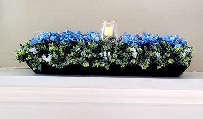 Spring Floral Arrangement Large Dough Bowl Farmhouse Blue Hydrangea Wood Bowl Arrangement Dining Room Farmhouse Centerpiece Flameless Candle