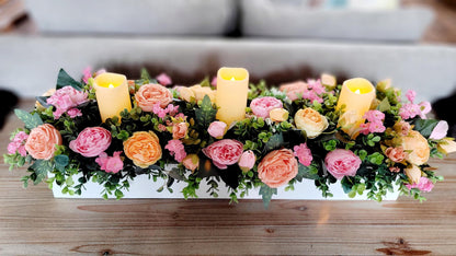 Dining Room Arrangement Peony Silk Flower Coral Flowers Peach Flower Arrangement Spring Table Decor Wood Box Table Centerpiece With Candles