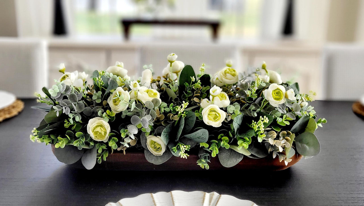 Farmhouse Centerpiece – Dough Bowl with Faux Ranunculus and Eucalyptus Rustic Dining Table Decor