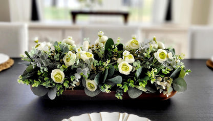 Farmhouse Centerpiece – Dough Bowl with Faux Ranunculus and Eucalyptus Rustic Dining Table Decor