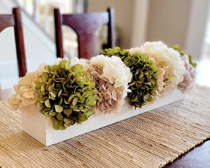 Dining table arrangement hydrangea floral centerpiece coffee table decor sage green flower decor wedding arrangement bridal flower wood box