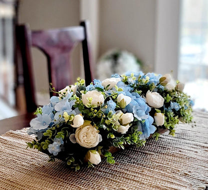 Blue Flower Centerpiece – Silk Hydrangea and Peony Arrangement in Rustic Dough Bowl