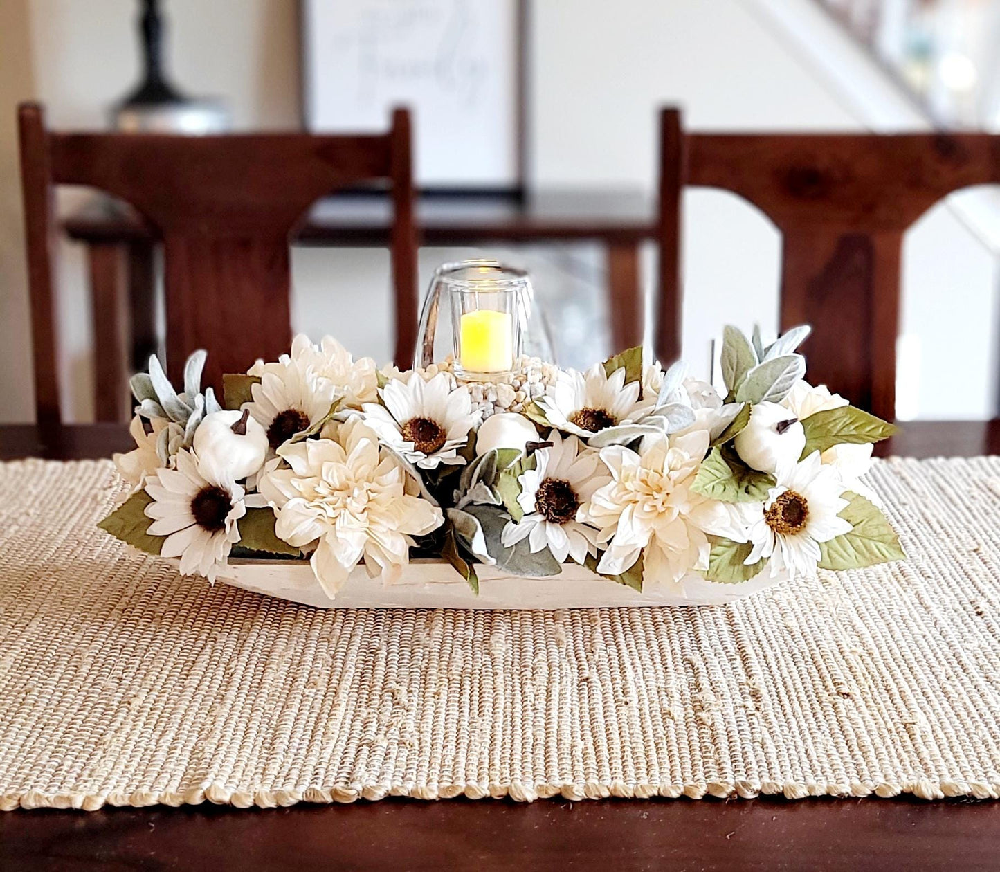 Fall dining table arrangement fall dough bowl arrangement kitchen decor fall farmhouse arrangement candle fall decor fall sunflower decor