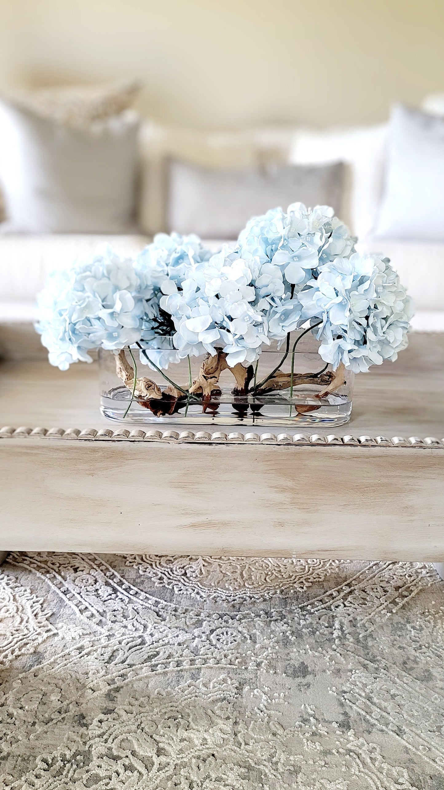 Dining Table Centerpiece – Artificial Hydrangea Arrangement in French Country Glass Vase