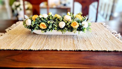 Dough Bowl Centerpiece – Handcarved Farmhouse Arrangement with Cream Peonies