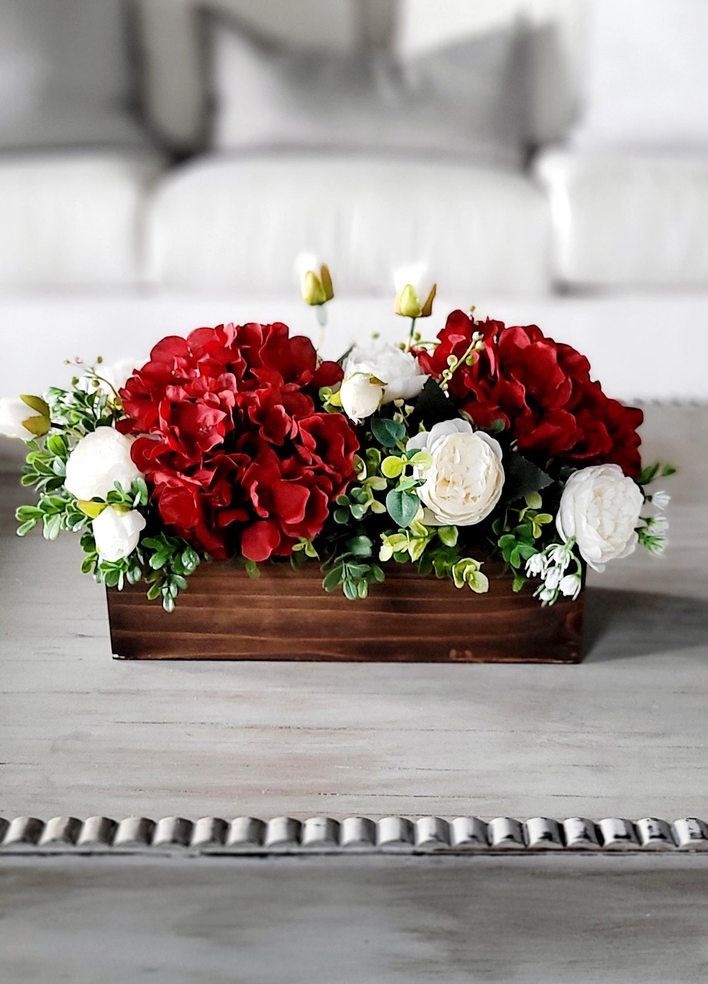 Flower Arrangement Peony Silk Flower Red  Flower centerpiece Spring Table Decor Wood Box Table Centerpiece Hydrangea Flower Gift new home