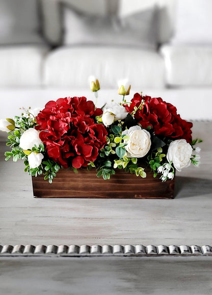 Flower Arrangement Peony Silk Flower Red  Flower centerpiece Spring Table Decor Wood Box Table Centerpiece Hydrangea Flower Gift new home