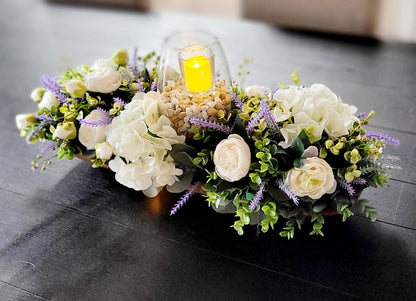 Silk Flower Centerpiece Lavender Wedding Decoration Glass Vase Display Romantic Table Setting Artificial Peony Arrangement Wedding Reception Decor Elegant Floral Design Hydrangea Accent Pieces Driftwood Details Beautiful Table Centerpiece