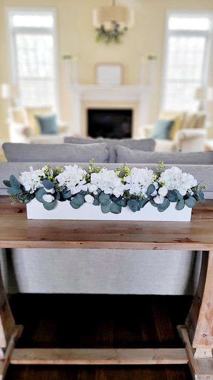 Farmhouse Table Centerpiece – White Hydrangea Arrangement in Wooden Box