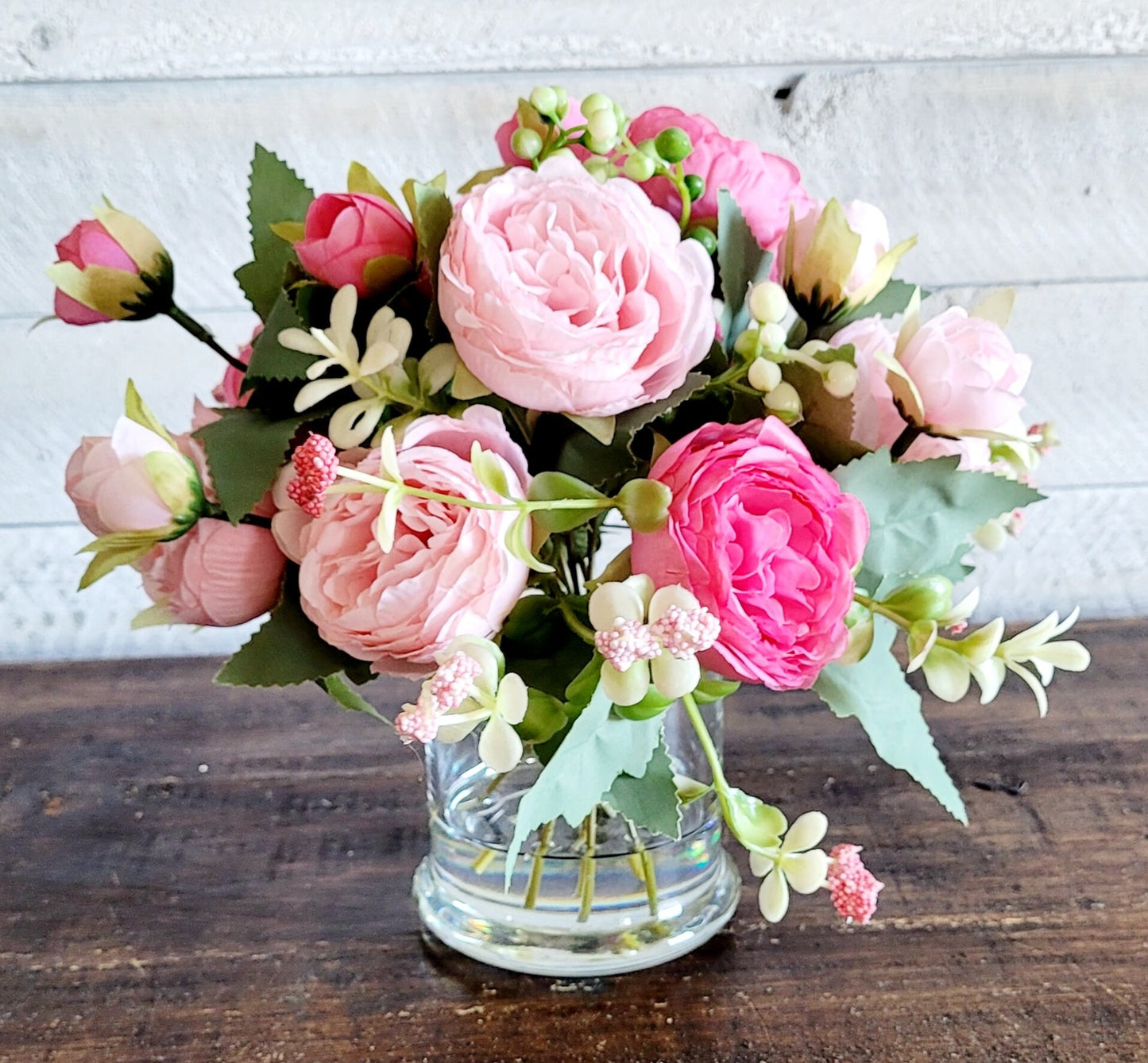 Artificial Peony Arrangement – Pink Glass Vase Centerpiece with Realistic Water Effect