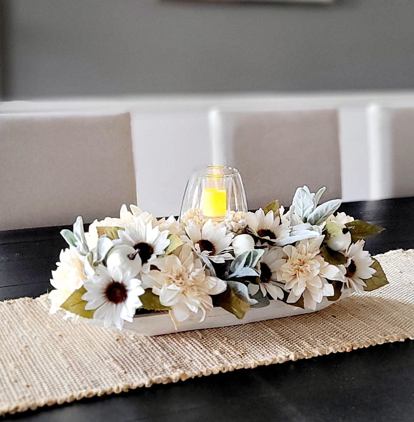 Fall dining table arrangement fall dough bowl arrangement kitchen decor fall farmhouse arrangement candle fall decor fall sunflower decor