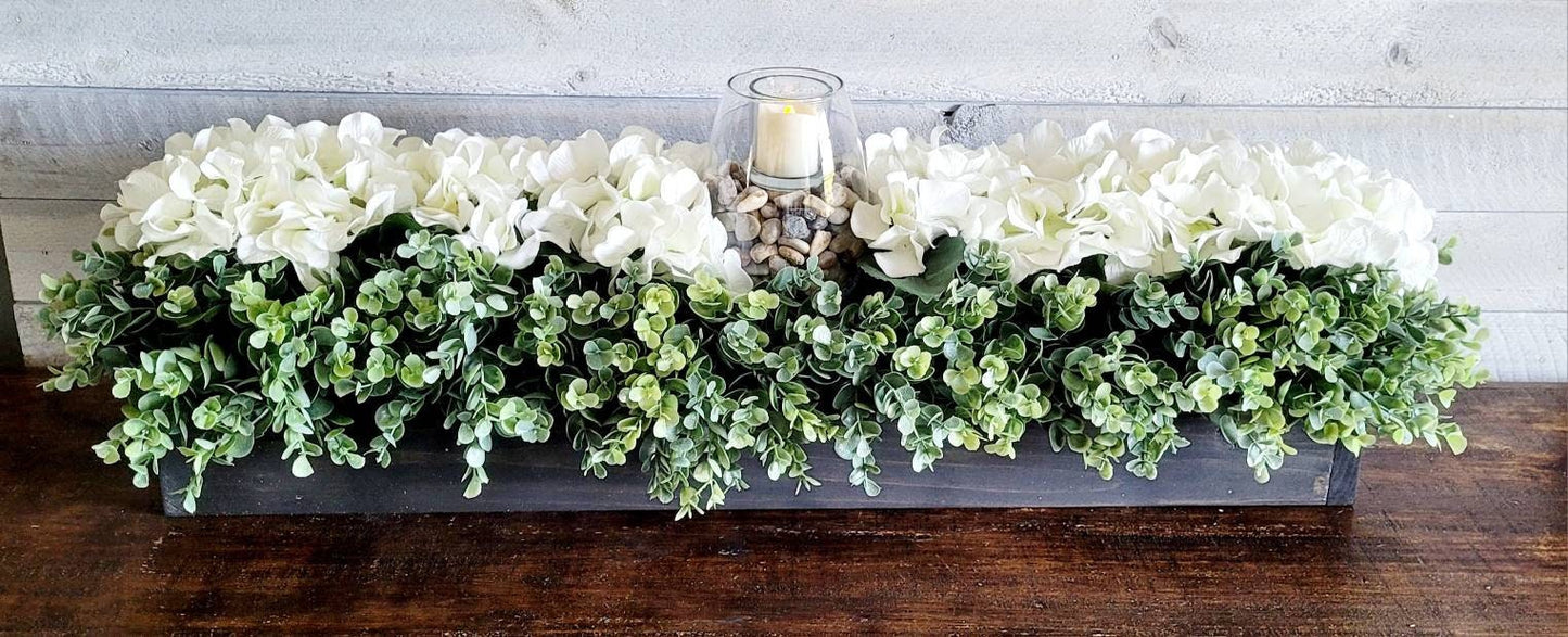 Hydrangea Wood Box Centerpiece For Dining Table Centerpiece For Dining Table Flower Arrangement Mantel Centerpiece Flowers Hydrangea Flower