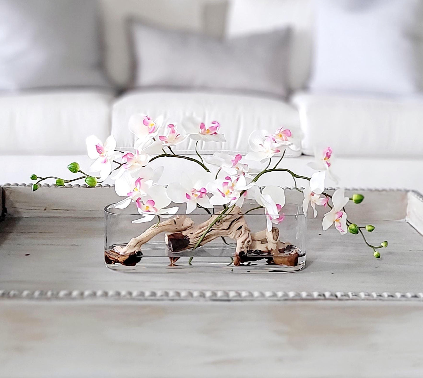 Artificial Orchid Arrangement – Pink Silk Flowers in Glass Vase for Modern Spaces
