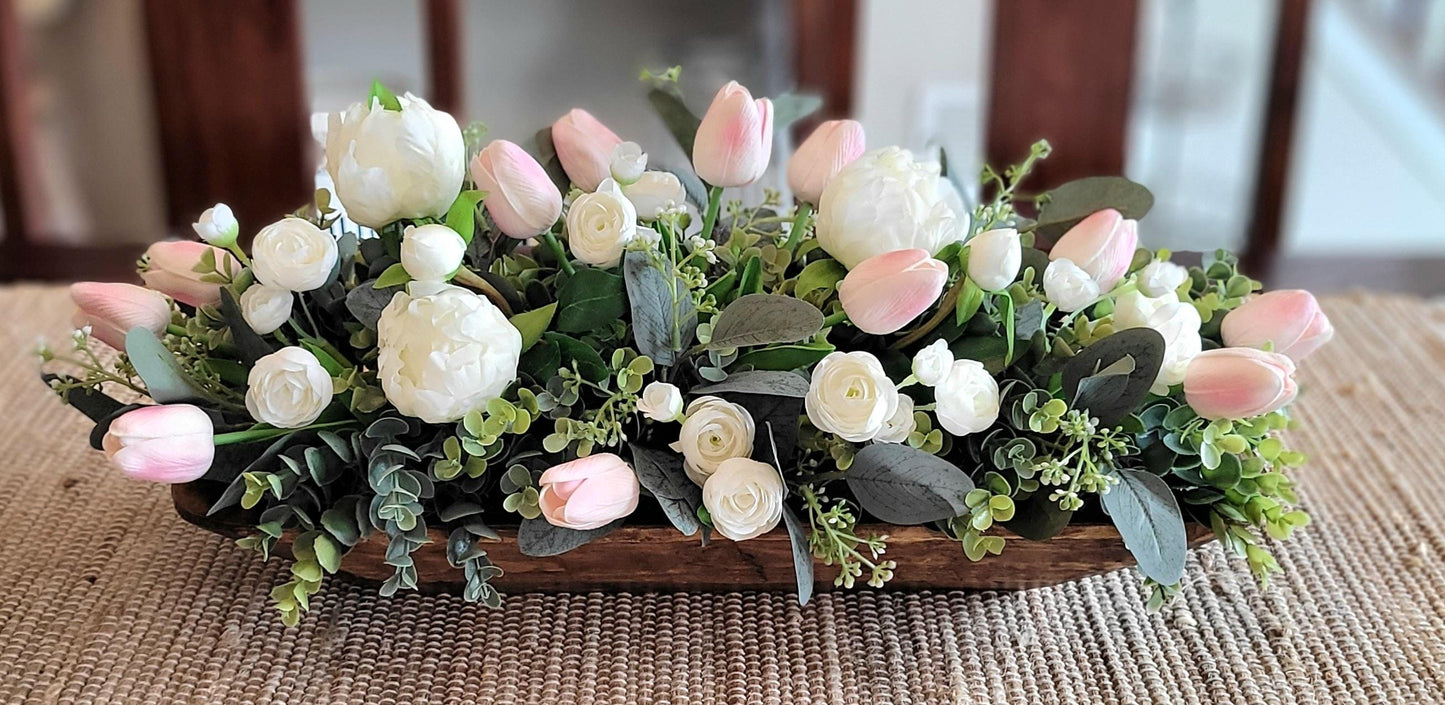 Easter Home Decoration Faux Tulip Centerpiece Wooden Bowl Design Spring Table Arrangement Perfect Mother Day Gift Beautiful Floral Display Realistic Silk Flowers Handcrafted Seasonal Decor Farmhouse Style Accent Dining Table Centerpiece
