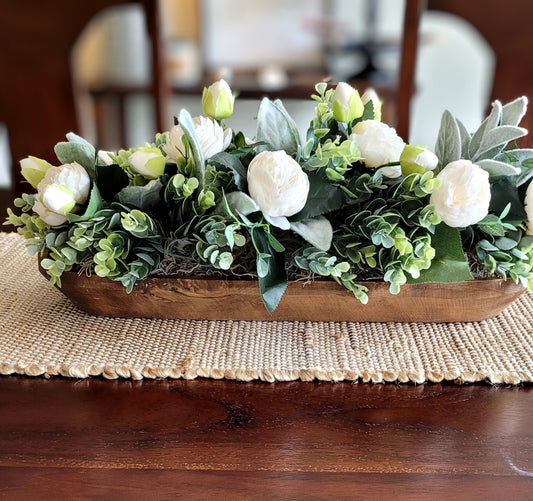 Handcarved Wooden Dough Bowl Centerpiece Cream Peony Arrangement Farmhouse Style Decor Table Decoration Rustic Home Accent Handmade Floral Design Greenery Lambs Ear Vintage Inspired Piece Country Home Collection Kitchen Island Display