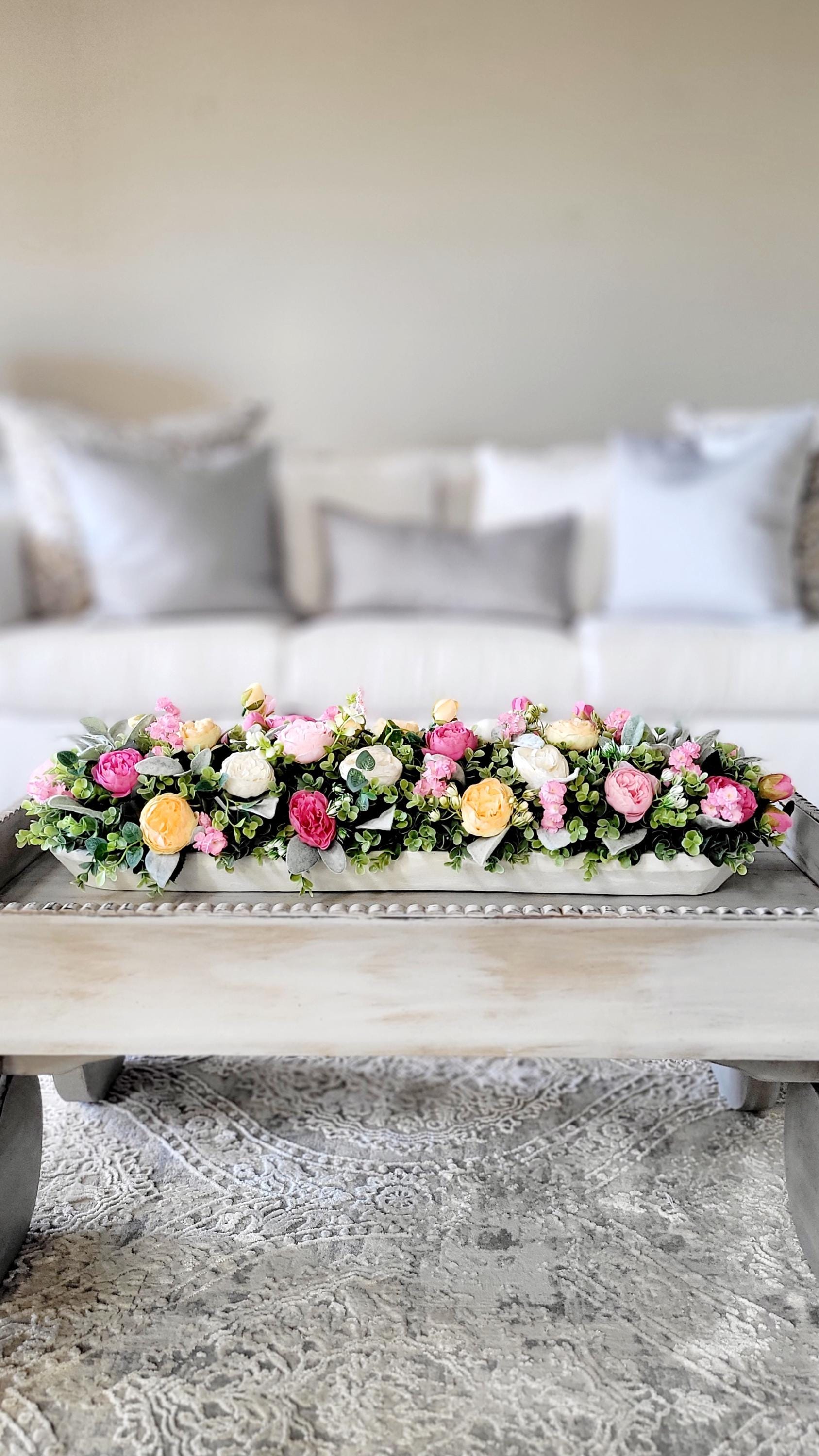 Farmhouse Dough Bowl Centerpiece Handcarved Wooden Bowl Large Rustic Table Decoration Peony Flower Arrangement Faux Greenery Display Off White Floral Design Country Home Accent Thirty Inch Long Table Decor Customizable Wood Finish Dining