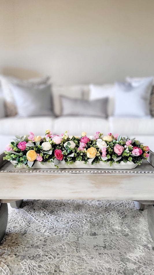 Farmhouse Dough Bowl Centerpiece Handcarved Wooden Bowl Large Rustic Table Decoration Peony Flower Arrangement Faux Greenery Display Off White Floral Design Country Home Accent Thirty Inch Long Table Decor Customizable Wood Finish Dining