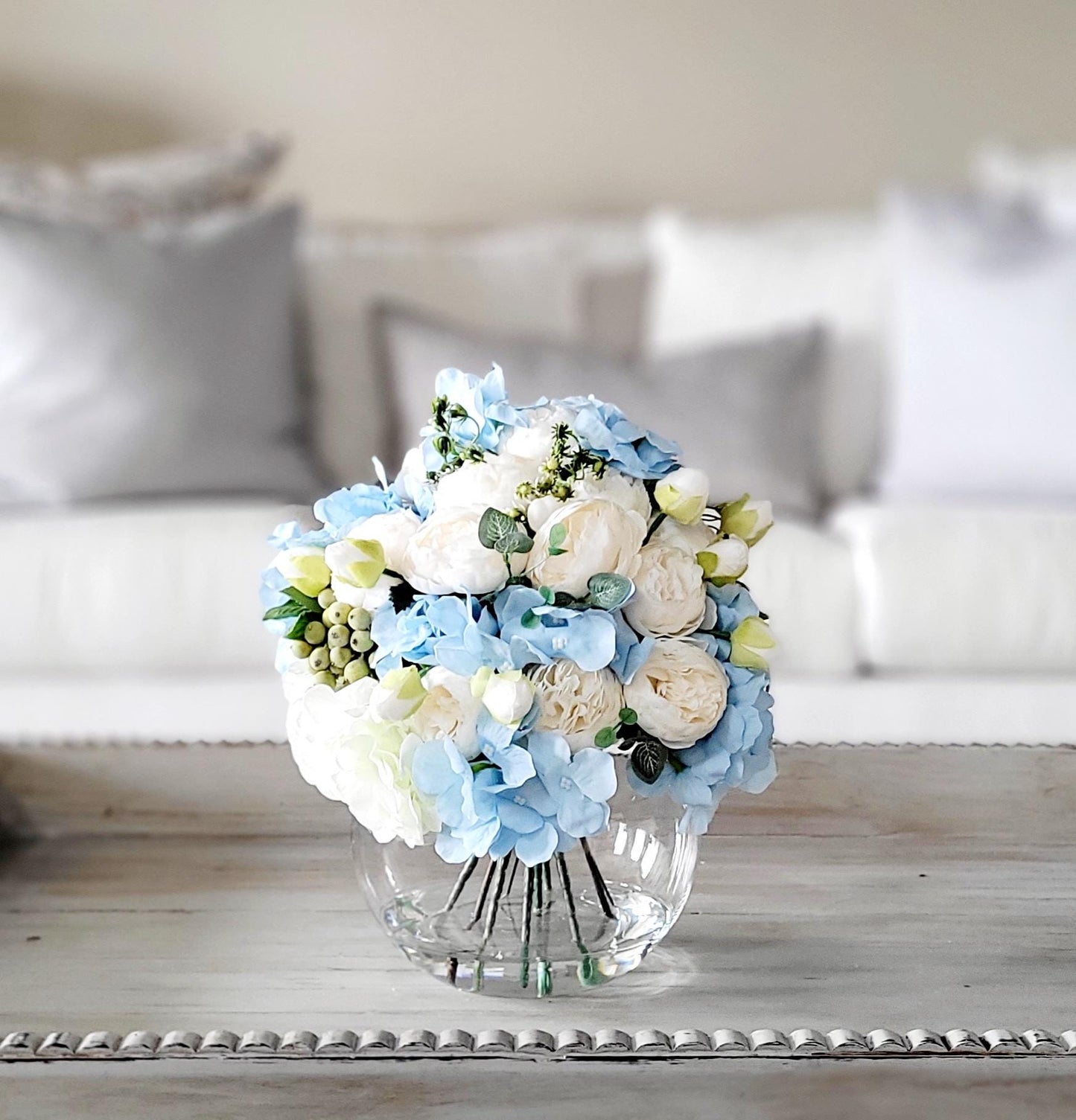 Artificial Hydrangea Peony Centerpiece Blue White Silk Flowers Glass Vase Arrangement Home Staging Essential Elegant Table Display Faux Floral Design Ivory Accent Blooms Realistic Water Effect Perfect Dining Room Centerpiece Maintenance